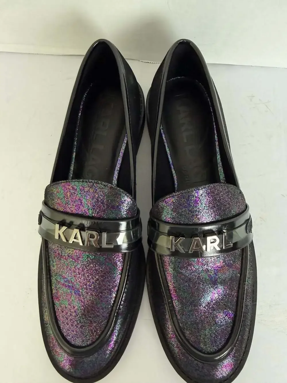 Karl Lagerfeld Paris Randall Iridescent Glitter Loafers with Metal Logo